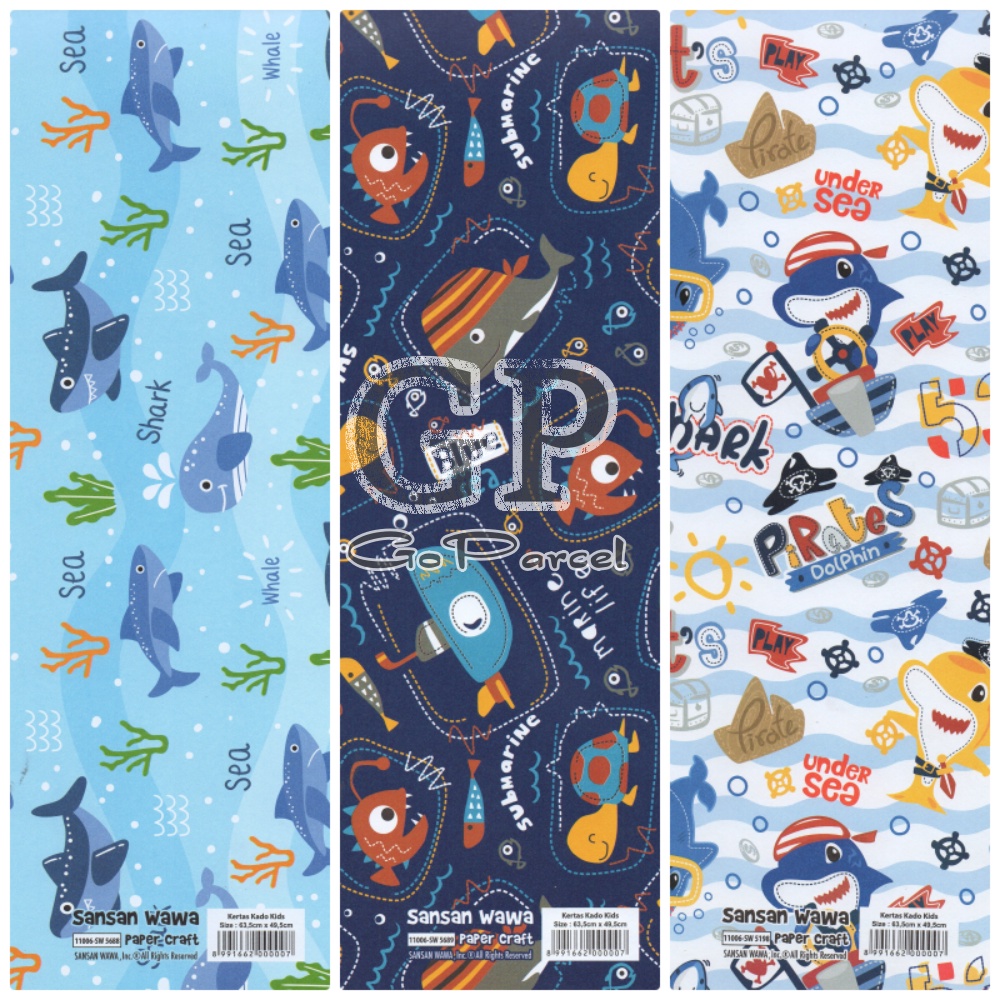 ( 5 Lembar ) SEA ANIMAL SANWA -  KERTAS KADO OCTONOUTS - GIFT WRAP PAPER SANSAN WAWA SHARK SEALIFE NEMO / FISH / IKAN / HIU / OCTOPUS / SEAGUL