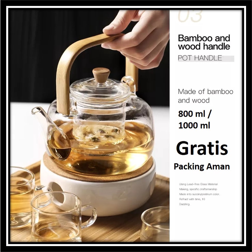 [Tahan Api] Ceret Tea Pot Teko Kaca Tahan Panas Pitcher teapot Gagang Kayu Glass Teapot Japanese Sty