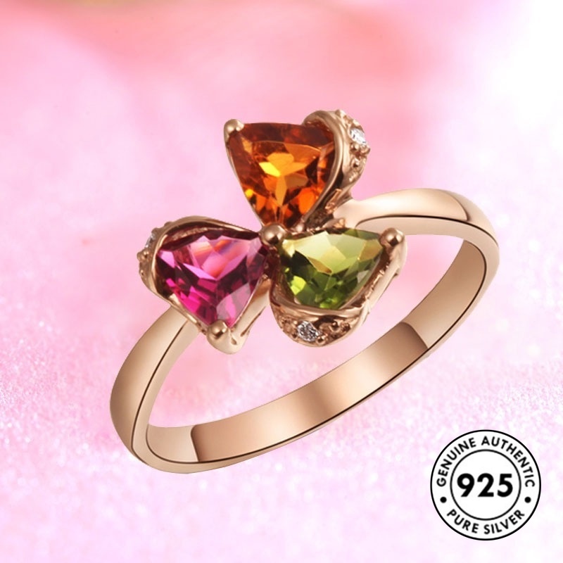 Cincin Sterling Silver 925 Model Clover Dengan Permata Warna-Warni Untuk Wanita