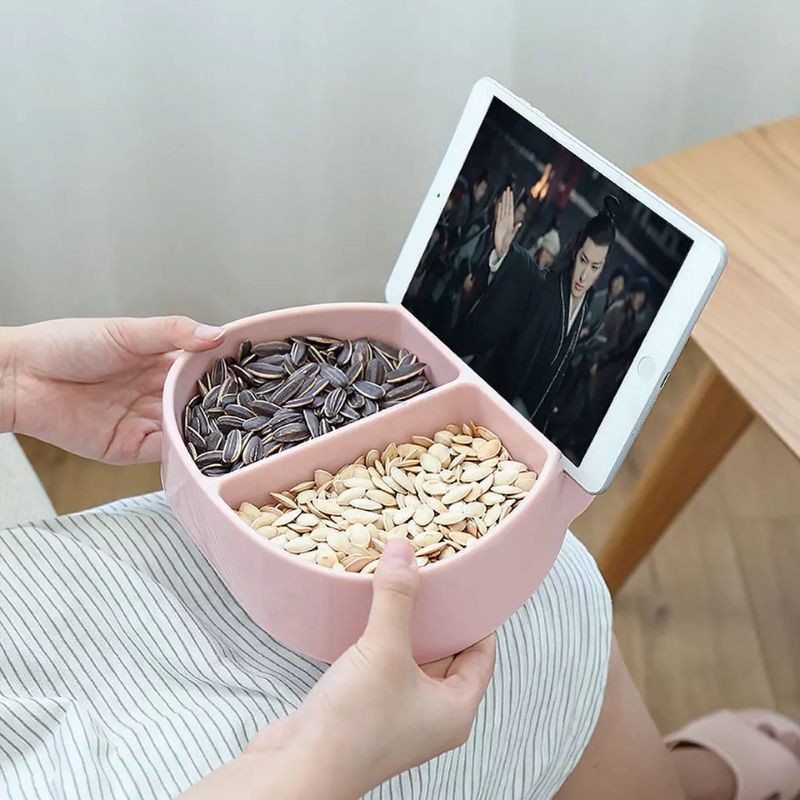 Tempat Makan Snack Camilan Buah / Mangkok Kacang Kuaci dengan Stand Holder Hp