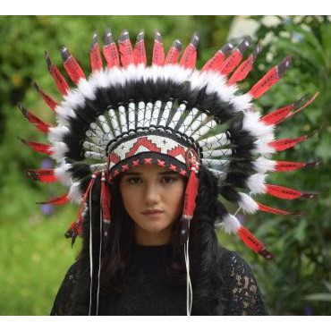 TOPI INDIAN - INDIAN HEADDRESS SMALL ANGSA MONTE MERAH TUTUL FUR HITAM