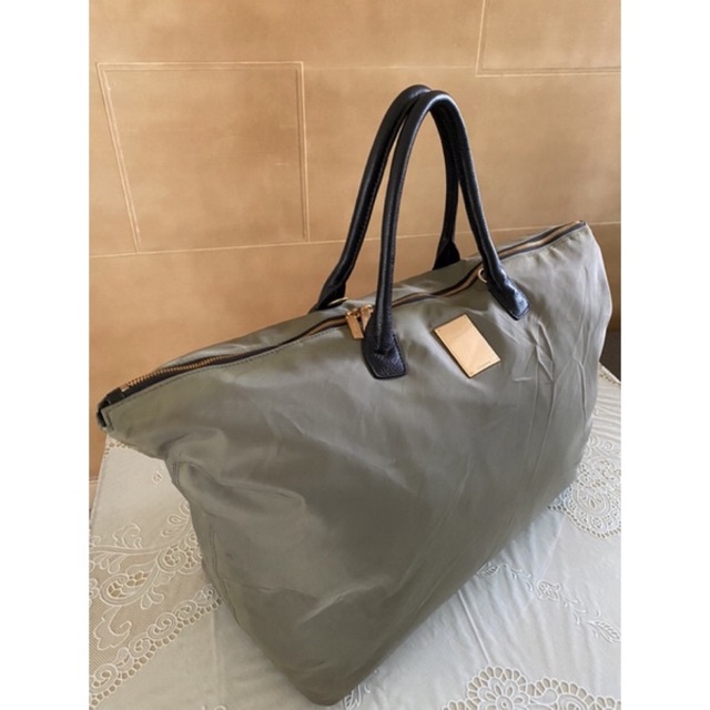 Tas Tote tas minggat COURONNE Kulit asli mix Nylon ukuran besar