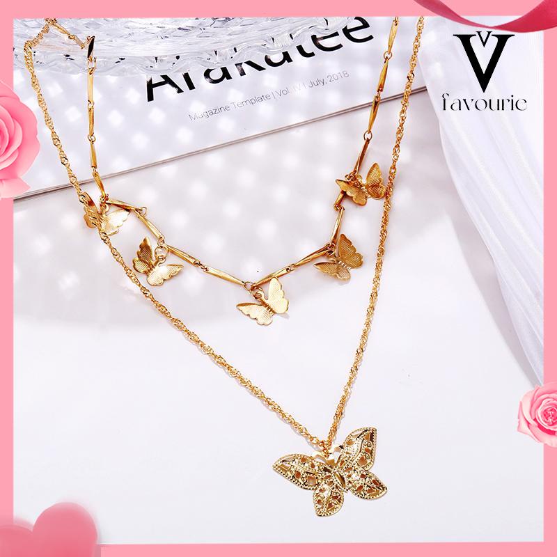 [COD]Liontin Kupu-kupu Kalung Multilayer Kreatif Vintage Alloy Double Layer Necklace-FA