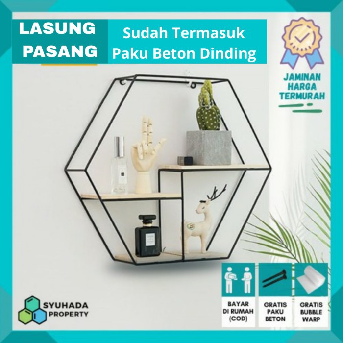 Rak Bunga Buku Hiasan Tempel Dinding Besi Segi Enam Hexagonal Minimalis