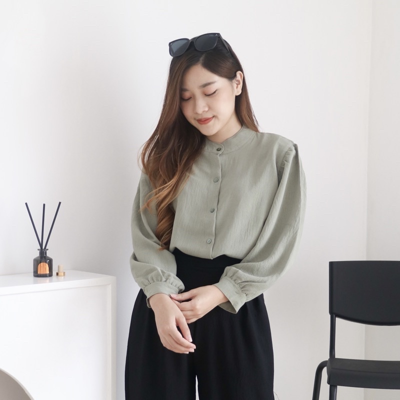 MSMO River Blouse Oneck Longsleeve / Blouse Wanita / Kemeja Kantor / Kemeja Crinkle / Kemeja Lengan Panjang-Sage