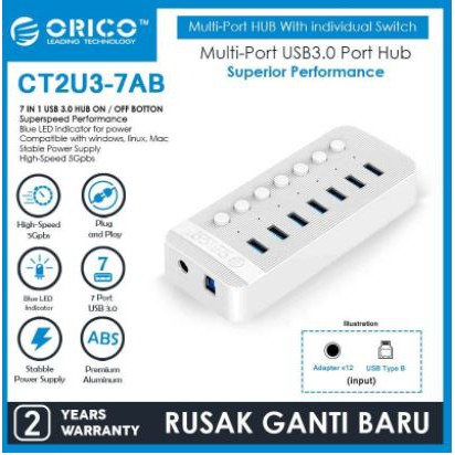 Usb 3.0 hub orico 7 port on off switch 5Gbps Bc1.2 adapter ct2u3-7ab - terminal usb3.0 7 slot saklar adaptor