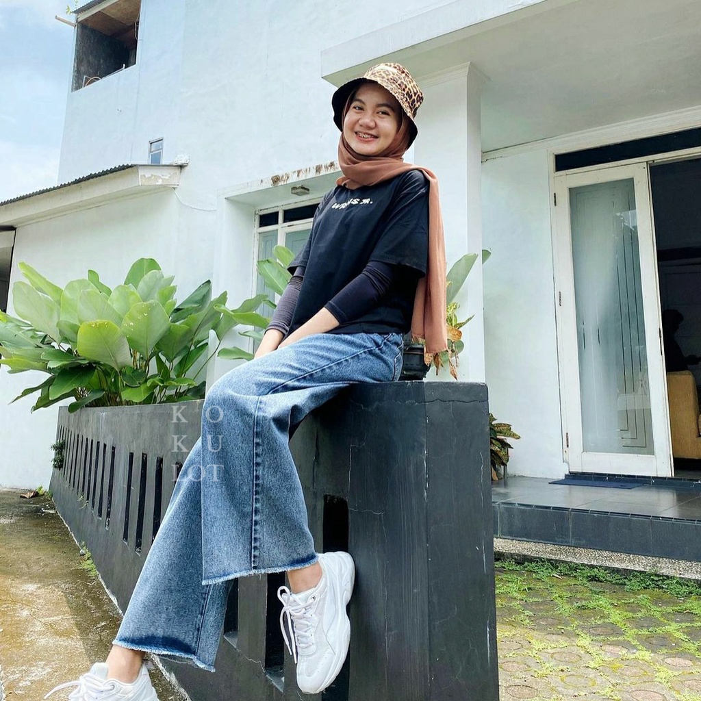 Reyna Blue Acid - Celana Kulot Culotte Jeans Highwaist Unfinished