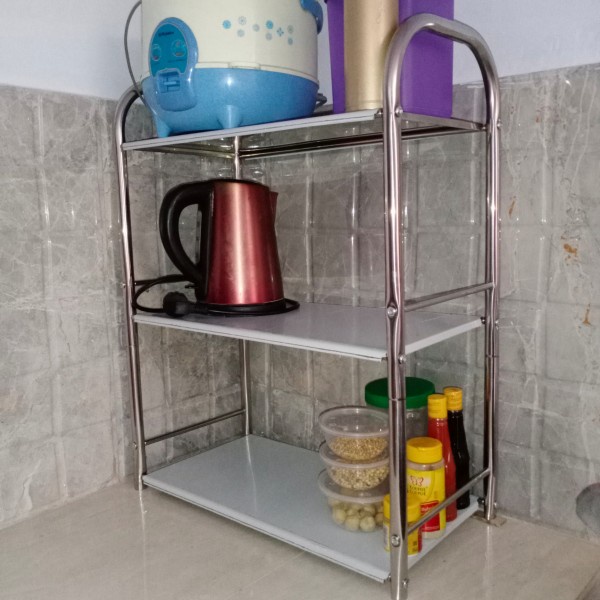 rak susun dapur stainless steel 3 susun portable serbaguna penyimpanan peralatan perlengkapan perabot bumbu dapur kamar mandi kuat kokoh anti karat murah terbaru