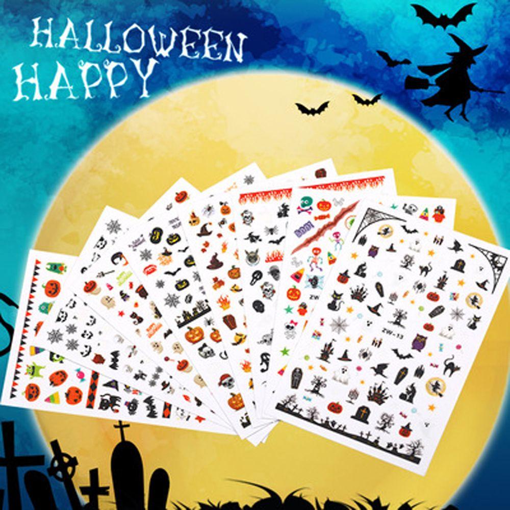 AUGUSTINA Agustina Halloween Stiker Kuku Wanita Penyihir Spider Web Perekat Diri Kucing Hitam Labu DIY Kuku Decals