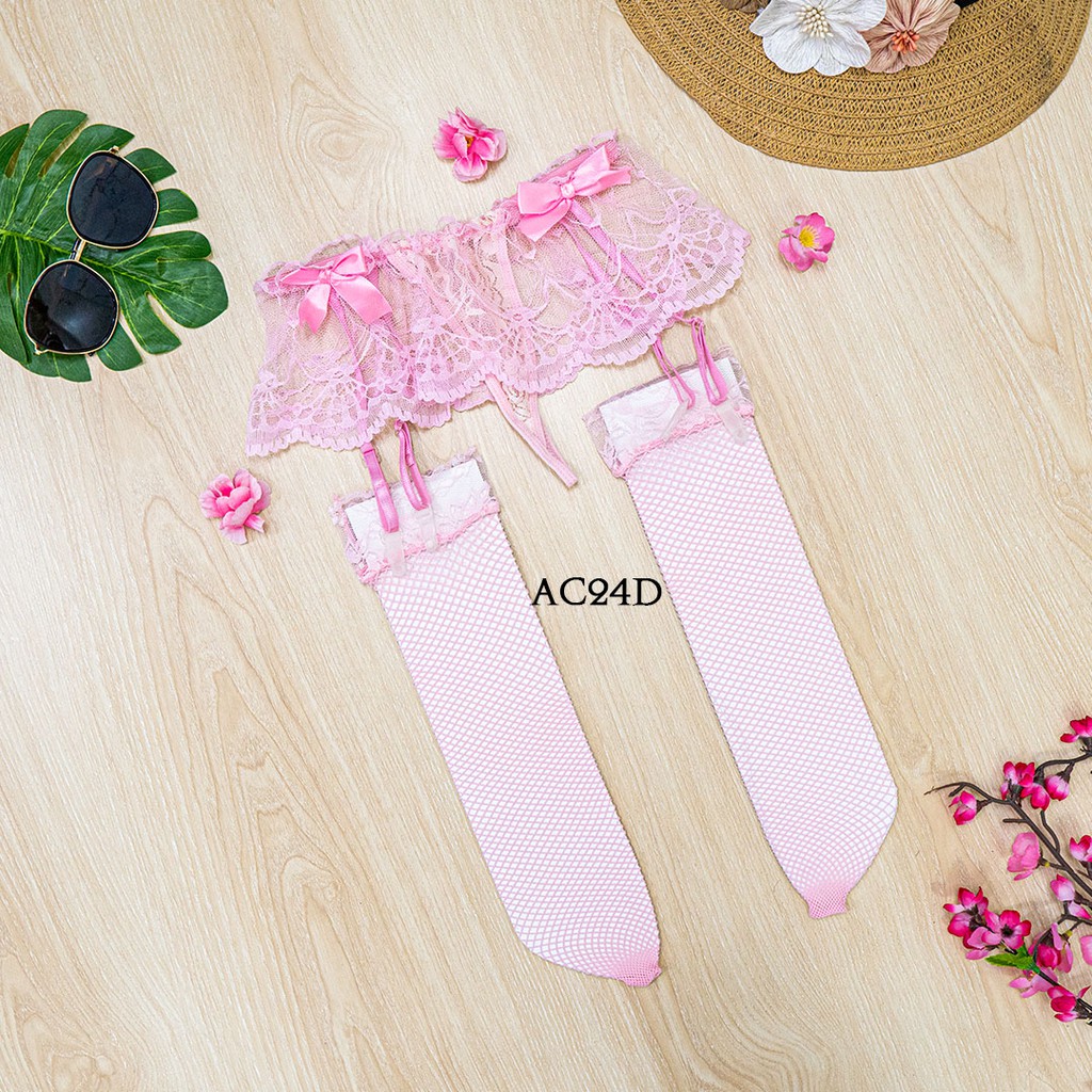 [STOCK TERBATAS] SABUK PAHA SEXY GARTER BELT + STOCKING WANITA SOFT PINK AC24D