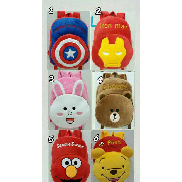 Tas Ransel / Punggung / Backpack Anak Boneka Karakter captain america ironman elmo pooh