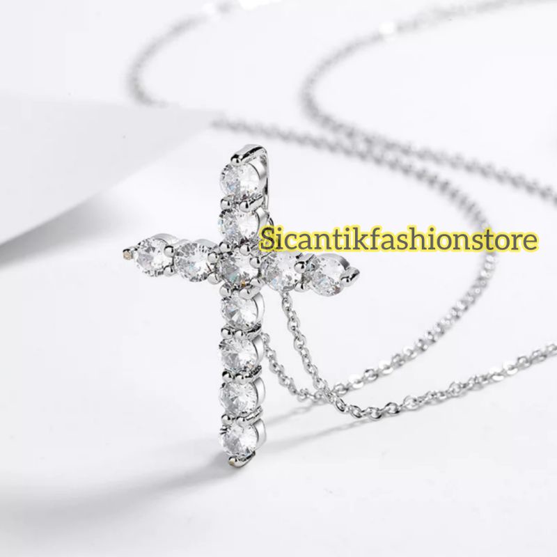 Kalung Salib Silver Kalung Titanium Liontin Salib Terlaris Anti Karat Tidak Luntur Fashion Wanita