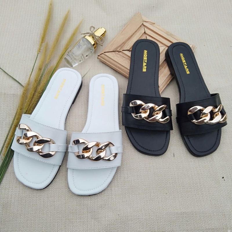 mqstars Sandal Flat Wanita Selop Ring Rante Terbaru