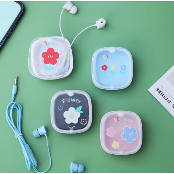 [XY-46] Set Headset Earphone Motif BUNGA-BUNGA Imut / Wadah Earphone Transparan Kotak Kartun Flower