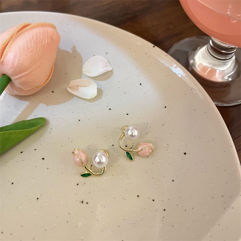 Anting Tusuk Desain Bunga Tulip Pink Besar Hias Mutiara Untuk Wanita