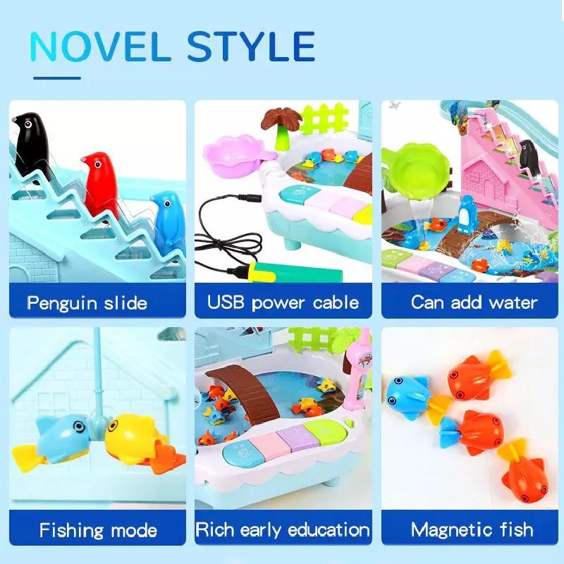 Mainan Pancingan Ikan Magnet Seluncuran Penguin Mini Piano Pancing Ikan