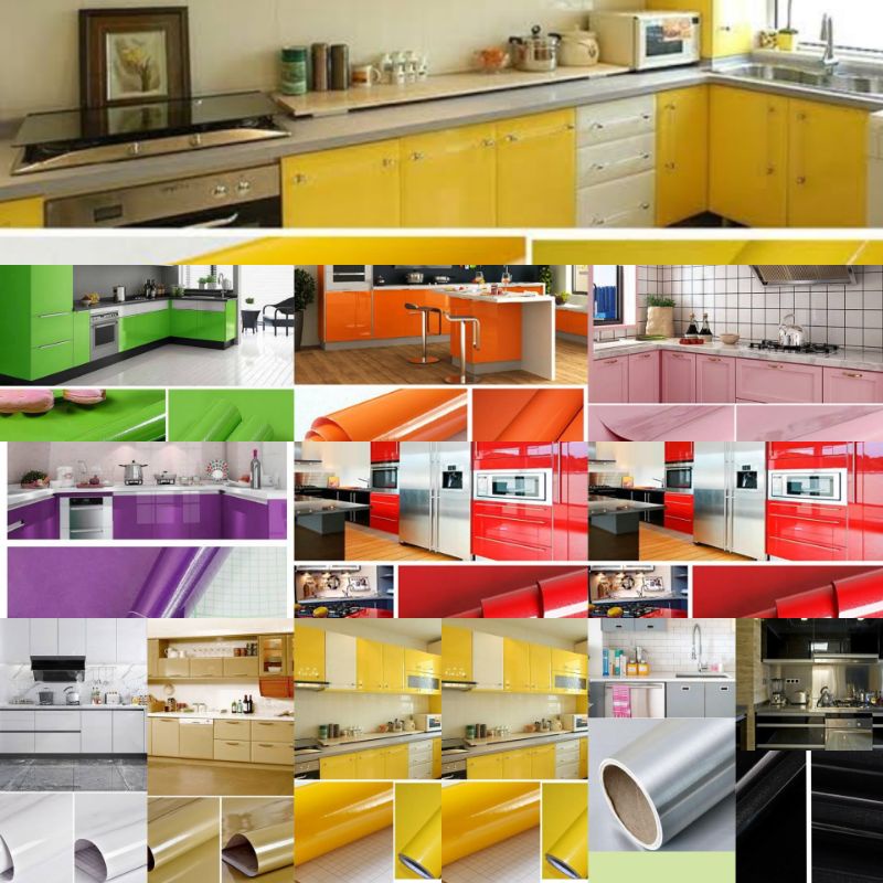Glossy Kabinet Dapur Wallpaper Sticker Dinding Dapur Kittchen Merah/Kuning/Biru/Hijau/Pink/Ungu/Hitam/Abu-abu/Putih/Orange Bahan Tahan Air Dan Panas