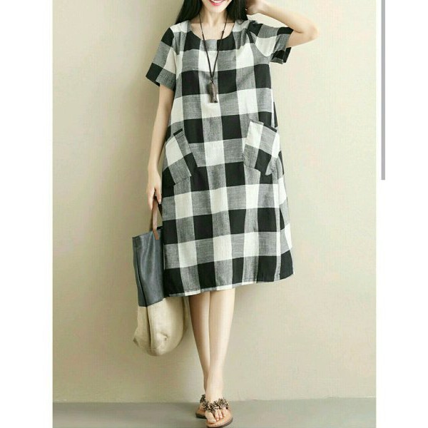 sq 0948 jumbo dadu dress Katun kotak square terusan lengan tangan rok pendek wanita murah bangkok