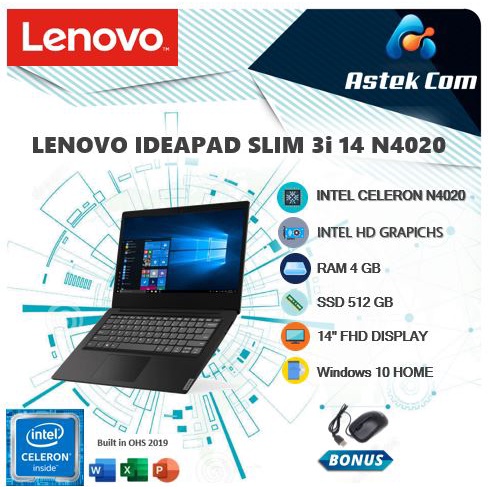 LENOVO IDEAPAD SLIM 3i 14 N4020 4GB 512SSD W10+OHS 14FHD
