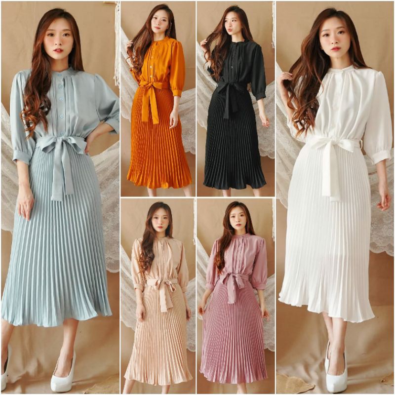 ❣️SPECIAL PRICE ♡ PREMIUM ♡ ORIGINAL ! GABRIELLE TUNIK PLEATED BUTTON PLISKET PLEATED OBI TIED MIDI DRESS ( BUSUI &amp; HIJAB FRIENDLY )