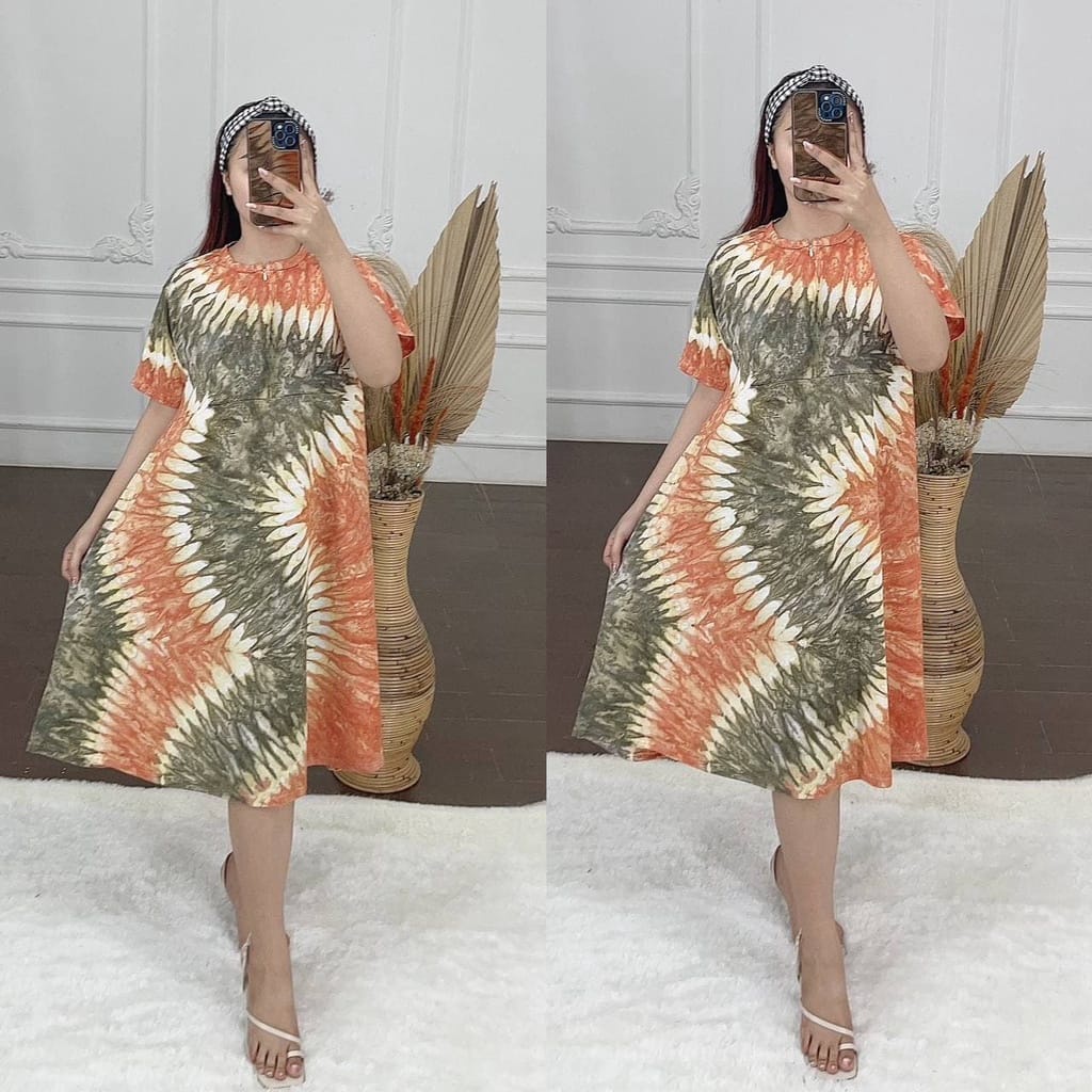 [GROSIR] Daster Kaos Payung Busui Tiedye XXL Jumbo Klok A Busui Resleting-Topan Oren Ziper