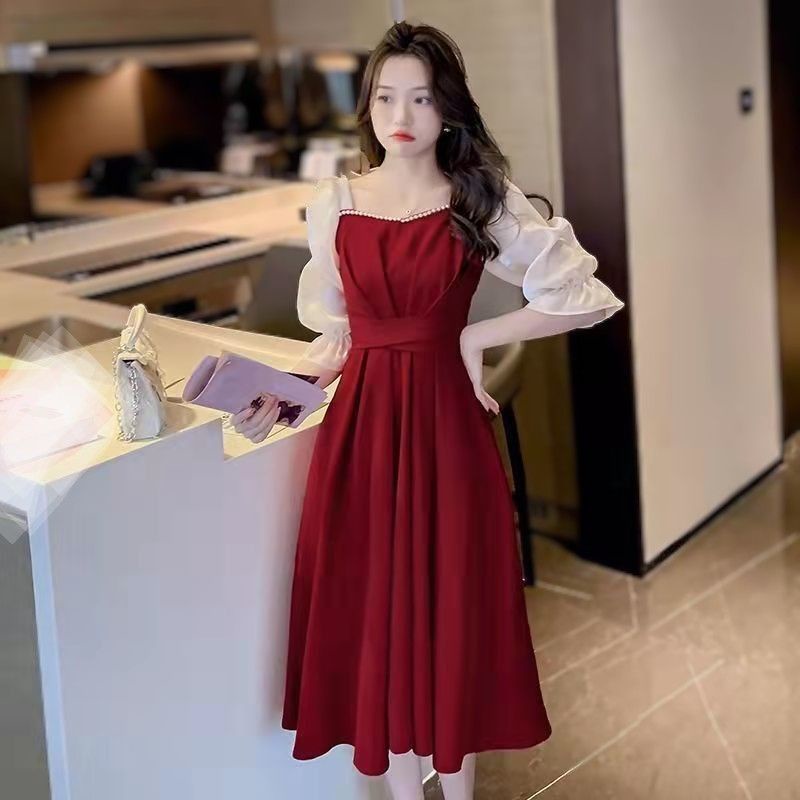 Dress Gaya Korea Leher Persegi Mutiara Ori M131