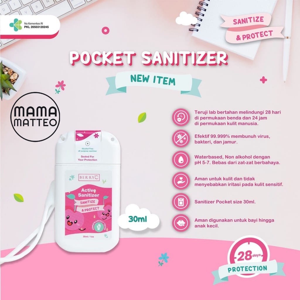 BerryC Pocket Sanitizer Spray Mini 30ML FREE STRAP / bisa isi ulang refill / Hand Sanitizer Anak Kecil / BANDUNG