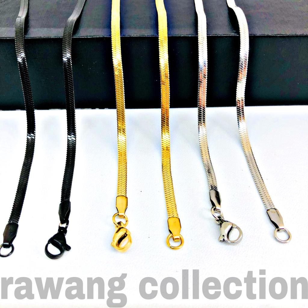 Kalung Titanium Pria Wanita Anti Karat Selamanya Silver/Gold/Hitam Pipih 45/50/60Cm