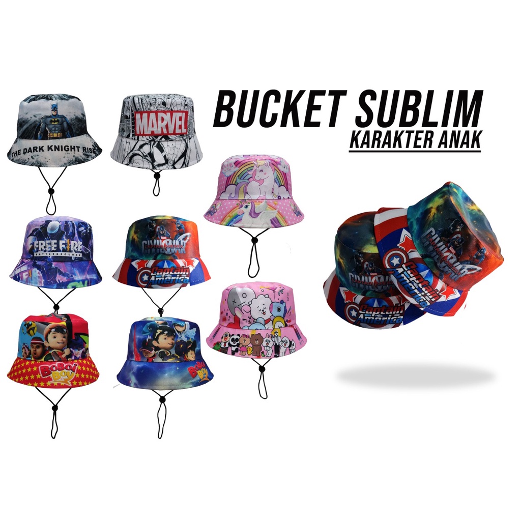 Topi Bucket Anak Tali Sablon Karakter Kartun Dan Hro