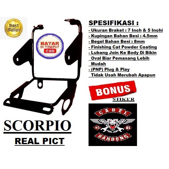 Dudukan Lampu Bulat Braket pesek SCORPIO 7 inch New Set Lampu BIKERS bonus stiker CADEL Bandung