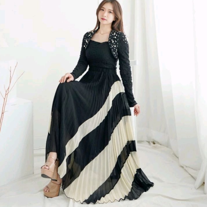 A1788 Set2in1 Setelan Baju atasan blouse set rok Maxi skirt plisket panjang Korean style wanita impo