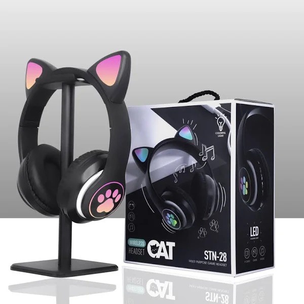 Headphone Bluetooh Bando Cute Cat Ear STN-28 Macaron Model Telinga Kucing LED