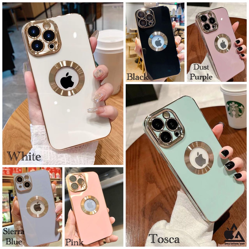 Premium Softcase Square Chrome LOGO BULAT iPhone 13 PRO MAX 12 PRO MAX 11 PRO MAX XR X XS MAX 7 7+ 8 8+ SE 2 3 With Lens Lensa Glass Camera Protector Soft Case Logo Apple List Krom Gold Electroplated Pelindung Kamera Silikon Jelly Clear Cover Bukan Hardca