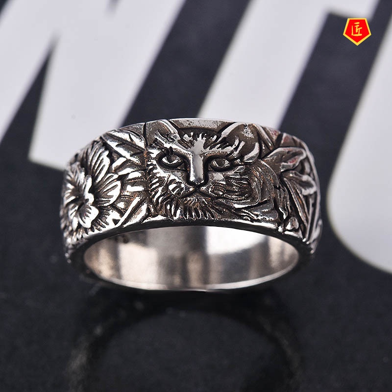[Ready Stock]Retro Creative Carving Cat and Mouse Silver Ring