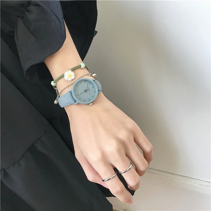 OVERFLOWS.ID Jam Tangan Analog Bulat Strap Kulit Suede Empuk Kecil Model simple Ala Korea-GRAY BLUE