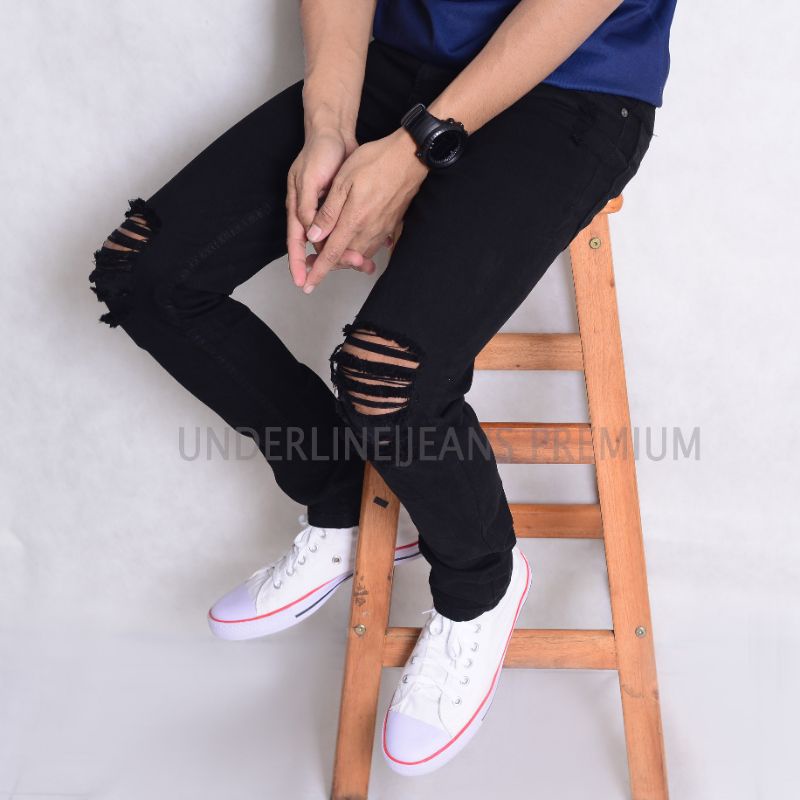 Celana jeans hitam sobek lutut premium , ripped jeans skinny denim underline