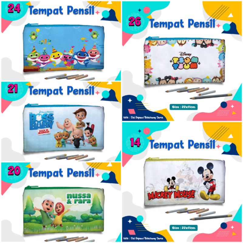 

Tempat Pensil Karakter Anak Nusa Rara/Baby Shark/Boss Baby/Tsum tsum/Mickey Mouse 22x11 kulit sintetis/Dompet pensil hp uang dll