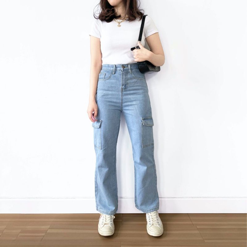 Celana cargo jeans Highwaist Baggy jeans celana panjang cargo