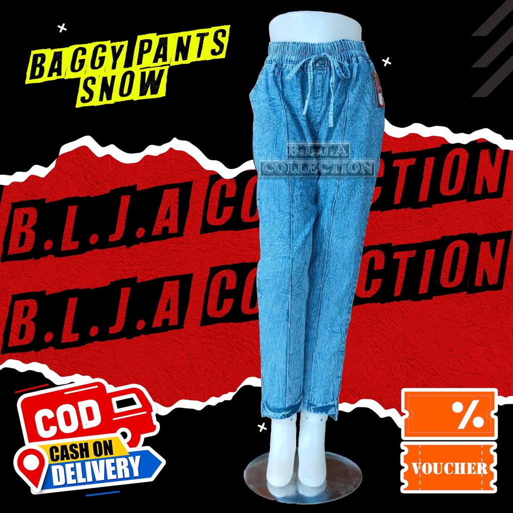 FASHION BAWAHAN CELANA WANITA CEWEK BOYFRIEND BAGGY PANTS RAWIS SNOW JUMBO GAUDY JEANS BLUE BLACK SN
