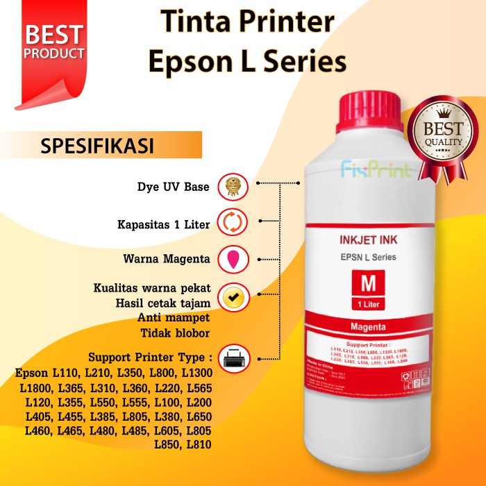 Tinta Epson L110 L210 L200 Magenta 1 Liter, Tinta Refill Printer Epson L Series Murah