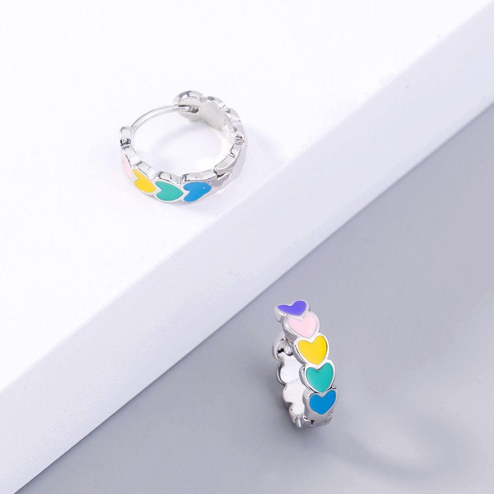 Solighter Anting Perak Fashion Hati Enamel Rainbow Piercing Earring Hoops