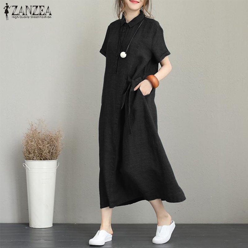 ZANZEA Womens Retro Short Sleeve Buttons Down Baggy Maxi Dress