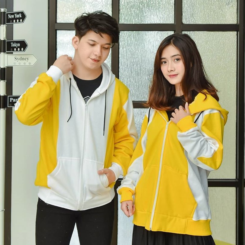 JAKET HOODIE COUPLE KOMBINASI WARNA KUNING PUTIH [HARGA SATUAN]