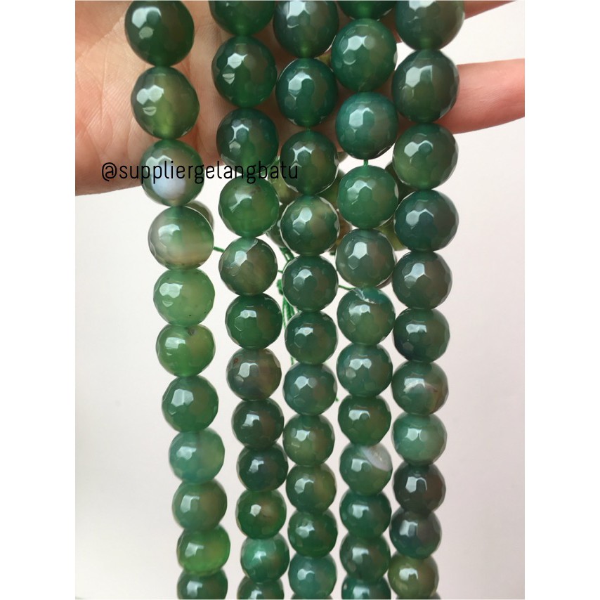 batu giok hijau FACETED 14mm cutting UKIR bahan tasbih rosario tasbeh bahan gelang kalung perkap