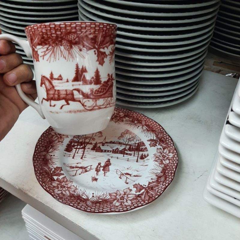 [SET] LEPEK DAN GELAS KERAMIK SANGO MOTIK ANTIK KLASIK MERAH KOLEKSI DEKOR