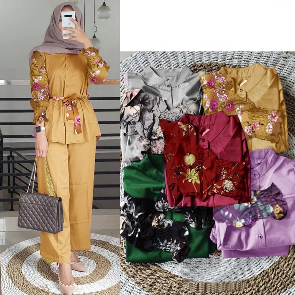 2 UKURAN L XL PAKAIAN WANITA ONE SET OUTFIT CURLA / STELAN CURLA FLOWEN HGO-Flowen Mustard XL