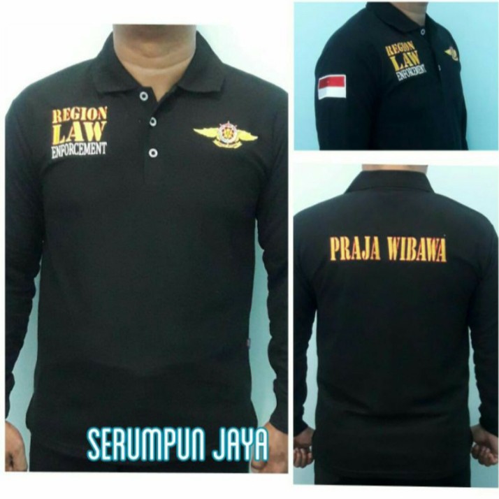 KAOS PRAJA WIBAWA LENGAN PANJANG HITAM - KAOS KERAH SATPOL PP PRAJAWIBAWA PANJANG HITAM FULL BORDIR