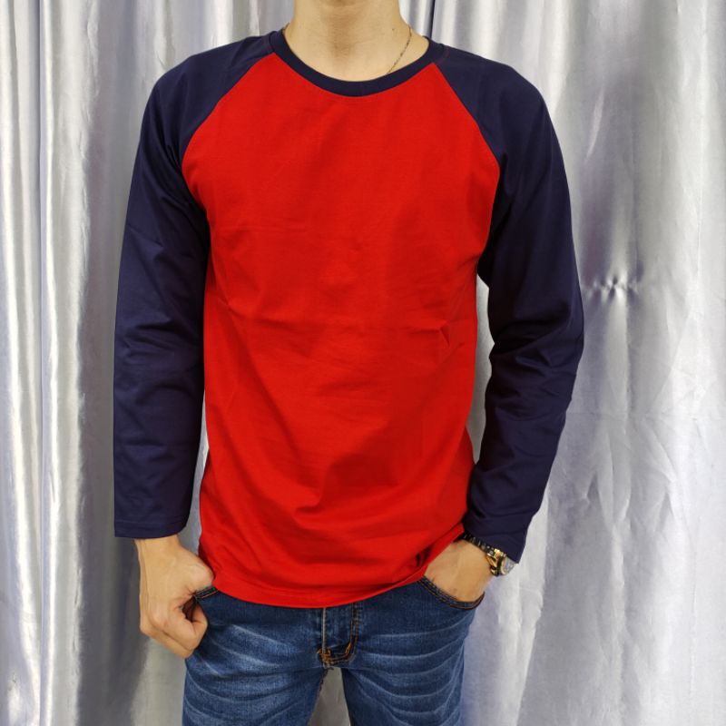 kaos polos raglan MERAH-NAVY lengan panjang uk M L XL XXL