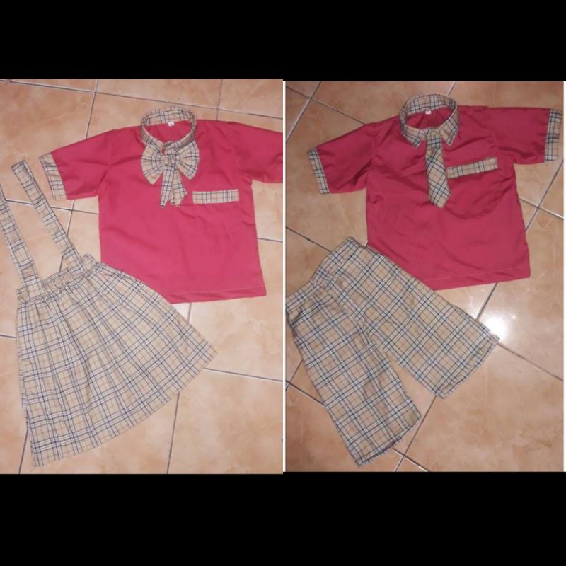 seragam sekolah paud tk pink kotak terbaru pendek tgn