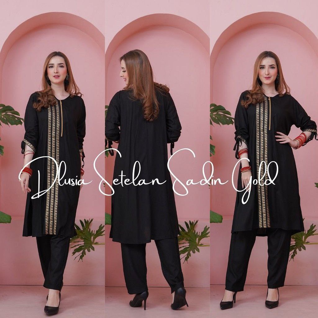 Dlusia Setelan Sadin Gold - One Set Wanita Tunik Renda Jumbo Rayon Premium Setelan Wanita Lengan Pendek Set Baju Muslim Kekinian LD  125 cm